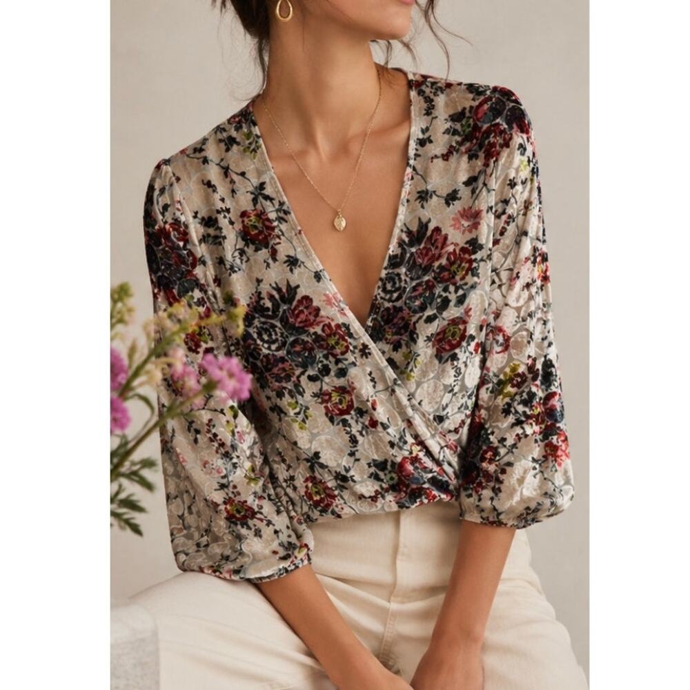 Maeve Umi Wrap Top Velvet Burnout Floral Silk Blend Boho Indie Anthro Style XS